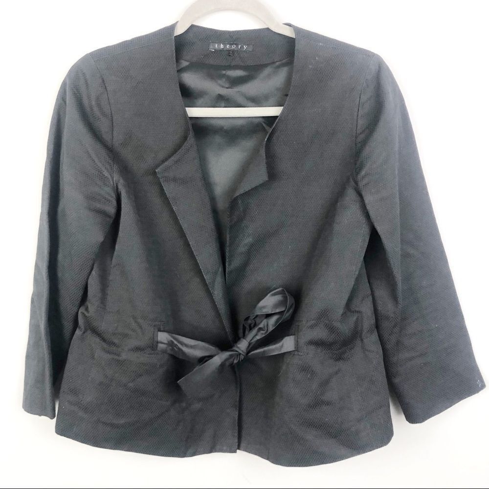THEORY | Tie Front Black Blazer Cotton Linen Sz 8
